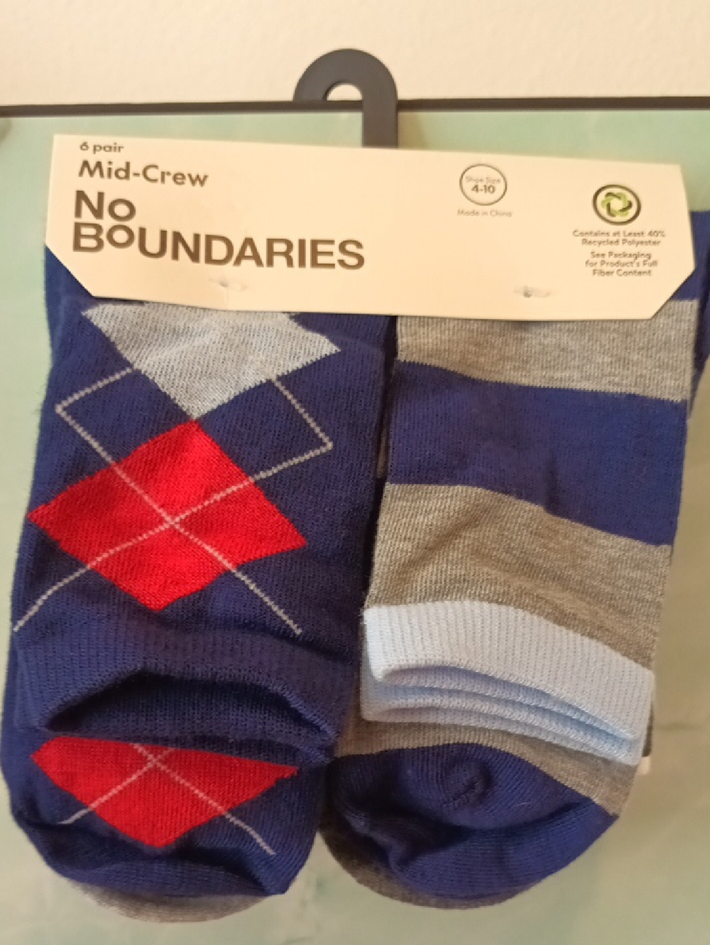 No BoundariesKids Mid-Crew Argyle & Stripe Socks - Blue/Gray/Red